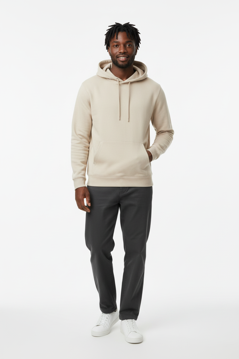 Modelo con sudadera beige