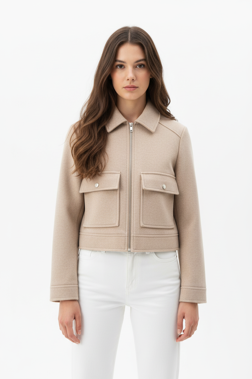Modelo con chaqueta beige