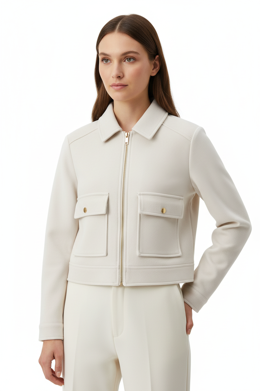 Modelo con chaqueta blanca con cuello de camisa