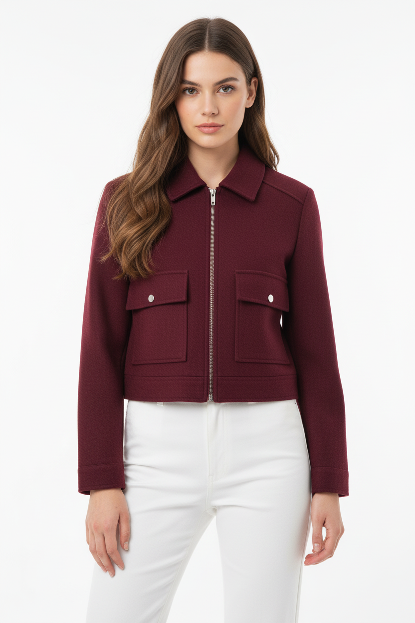 Modelo con chaqueta burdeos