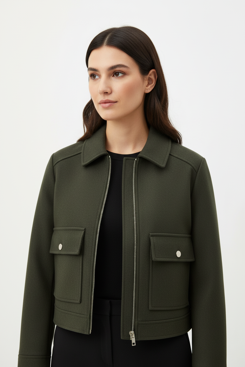 Modelo con chaqueta verde militar cerrada