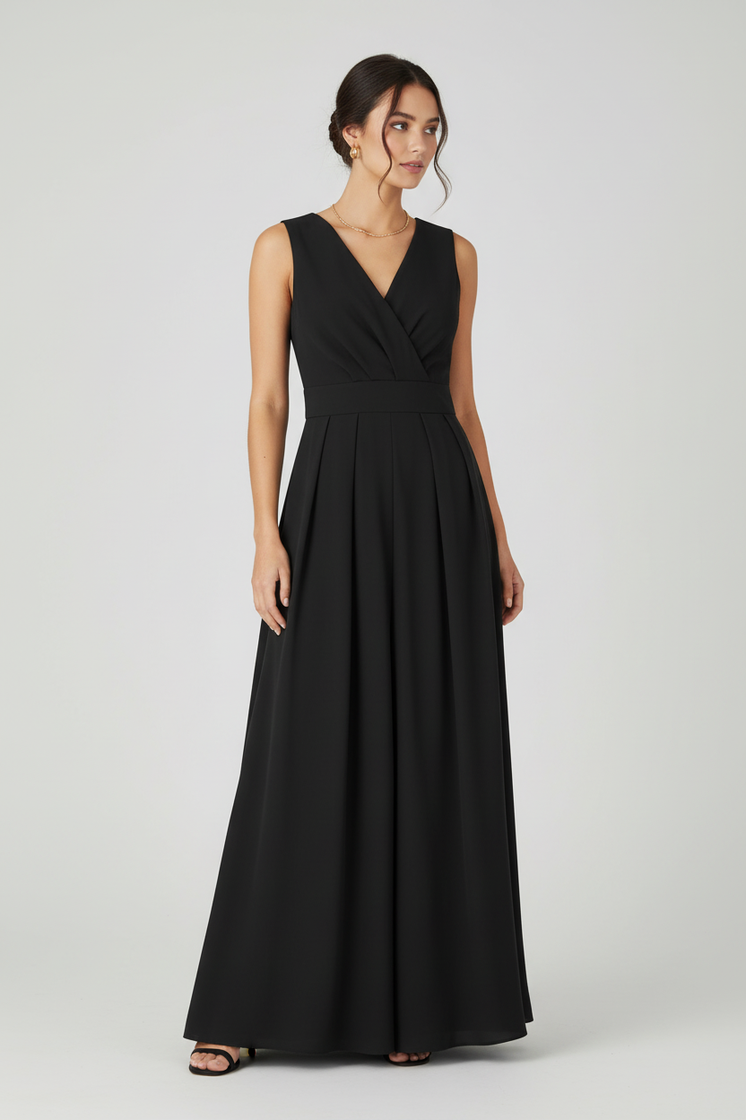 Modelo con vestido negro maxi