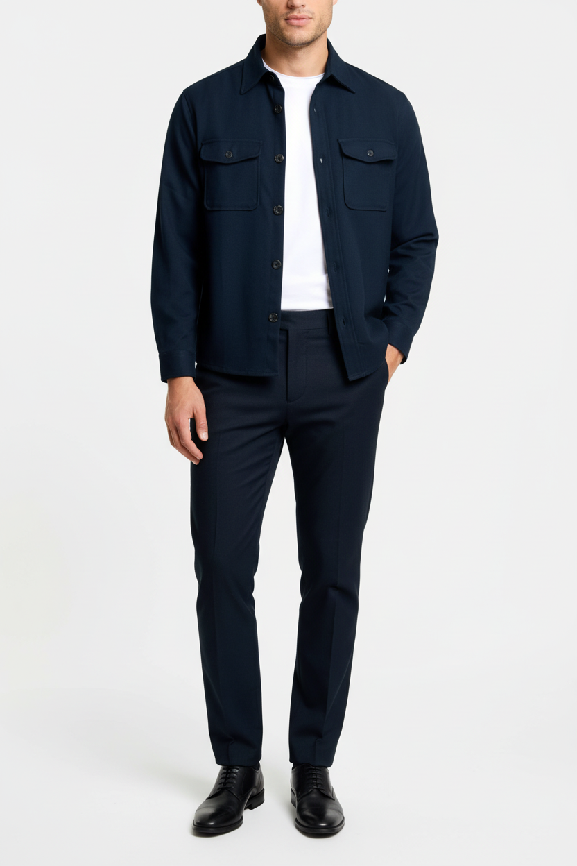 Modelo de cuerpo entero con camisa azul marino