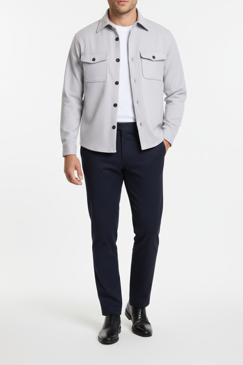 Modelo de cuerpo entero con camisa gris