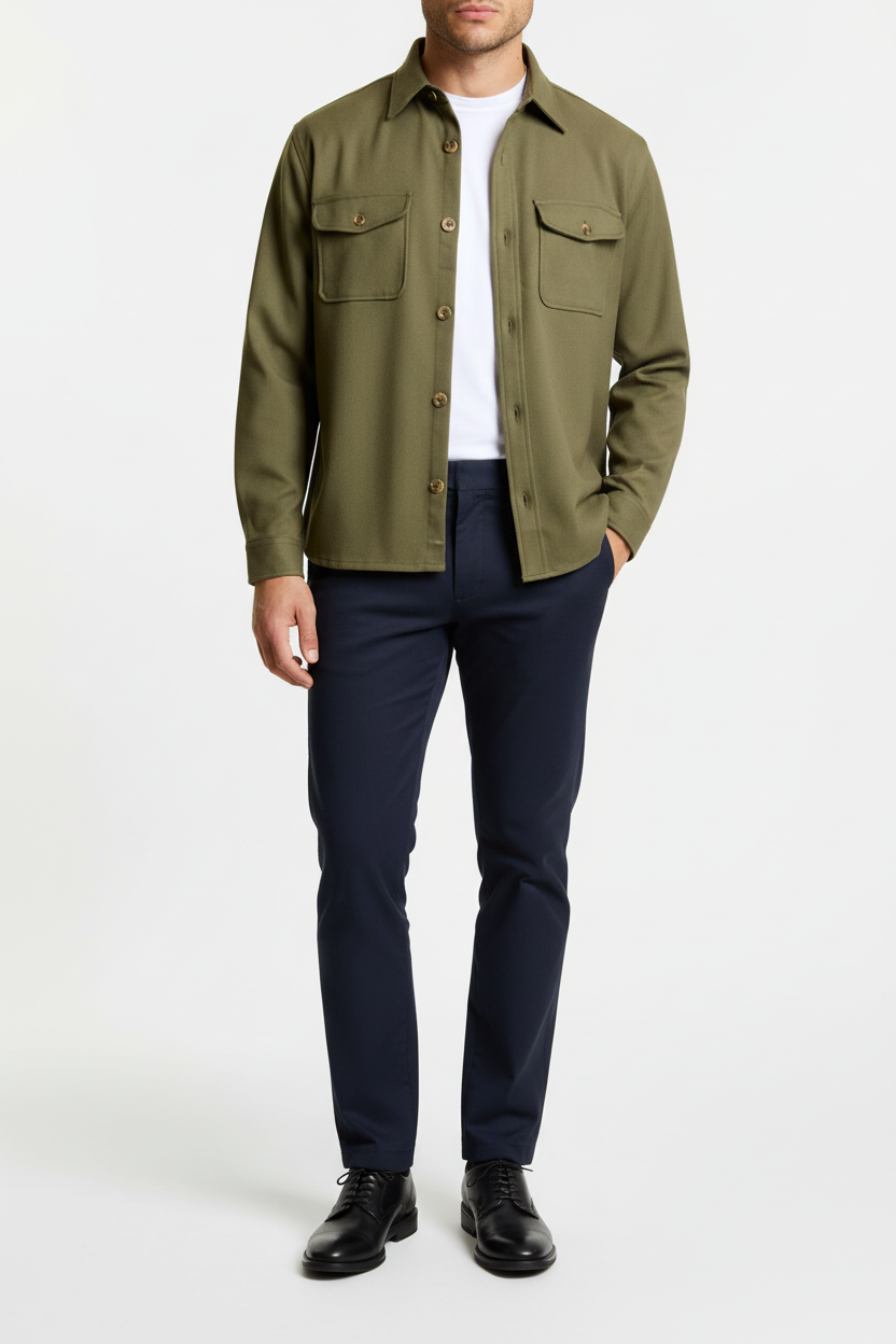 Modelo de cuerpo entero con camisa verde militar