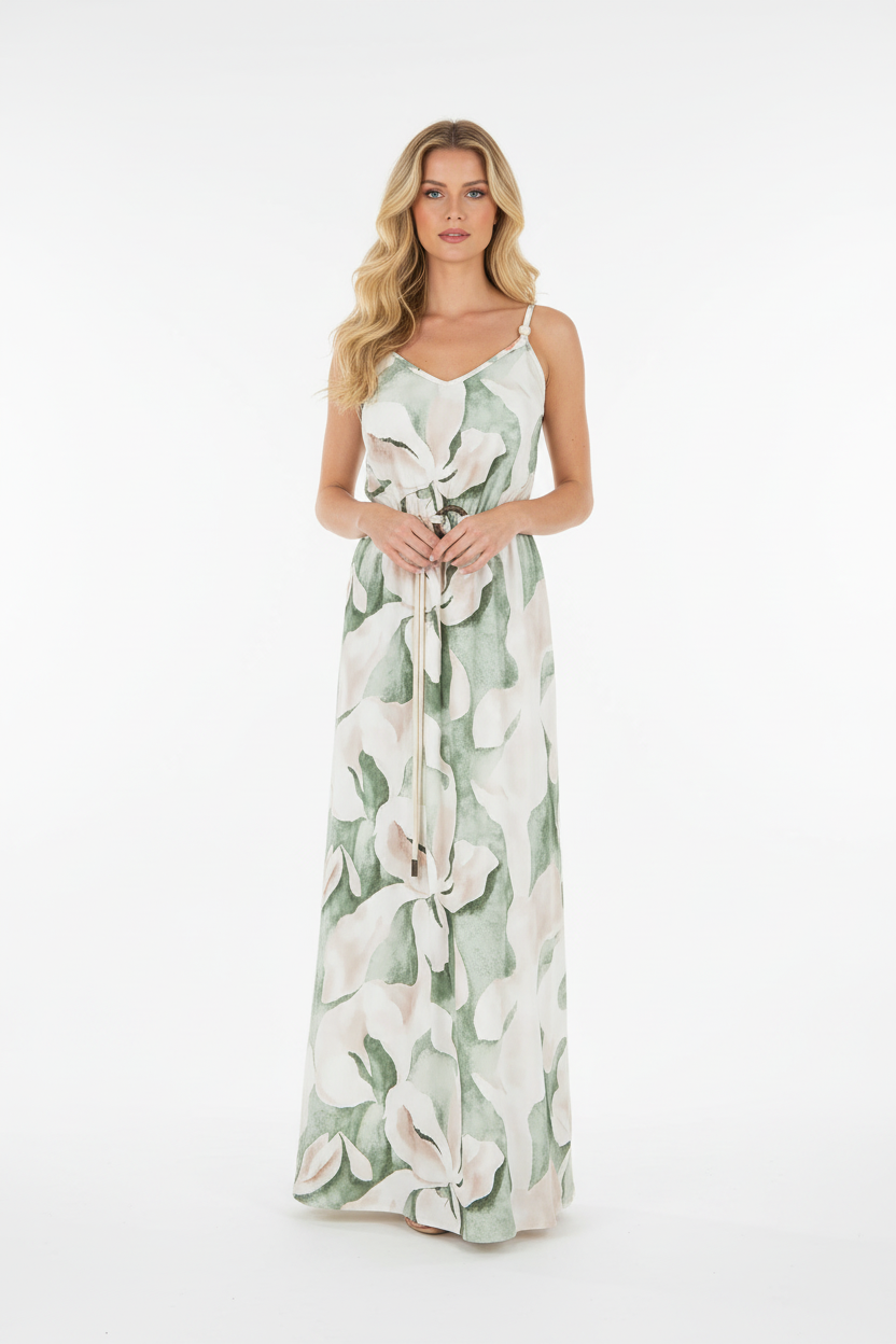 Modelo vestido floral verde sage y crema